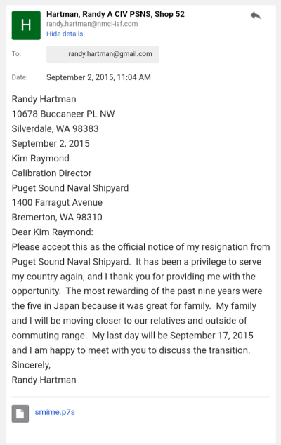 Randy Allen Hartman's resignation letter for Puget sound naval shipyard Bremerton Washington